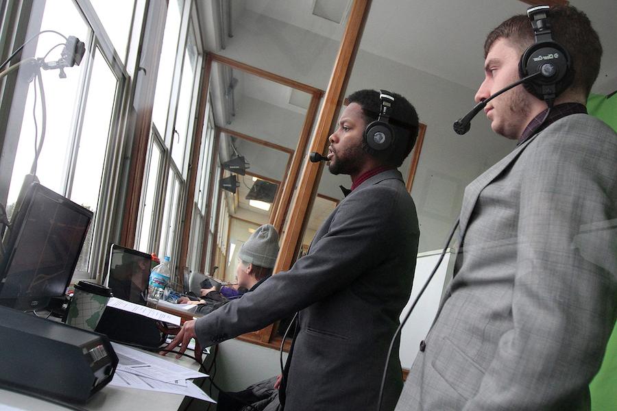 Connor Moore broadcasts a Warhawk's football game 